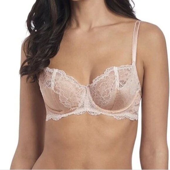 Wacoal Blush Pink Lace Affair Bra Nude 851256 Underwire Sheer Coquette 32C - Picture 1 of 6